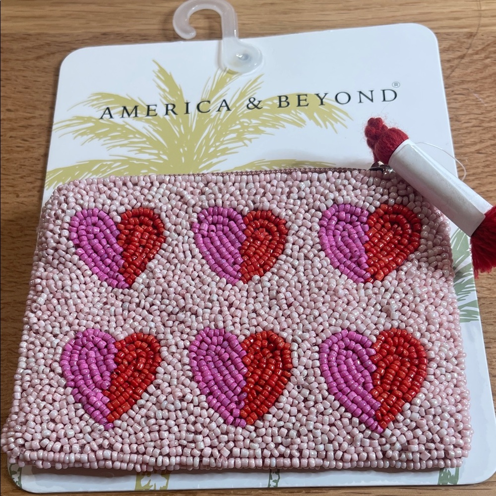 America & Beyond Beaded Heart Coin Pouch - Pink & Red